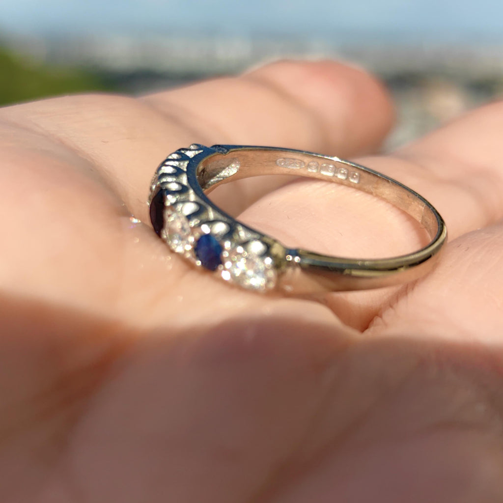 Vintage Sapphire Diamond Band: 18k White Gold Engagement Ring, 1940s