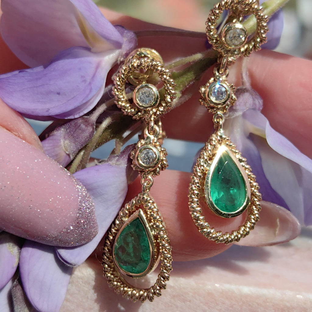 Antique Emerald Diamond 18k Gold Dangle Earrings: Mid Century French Dormeuses