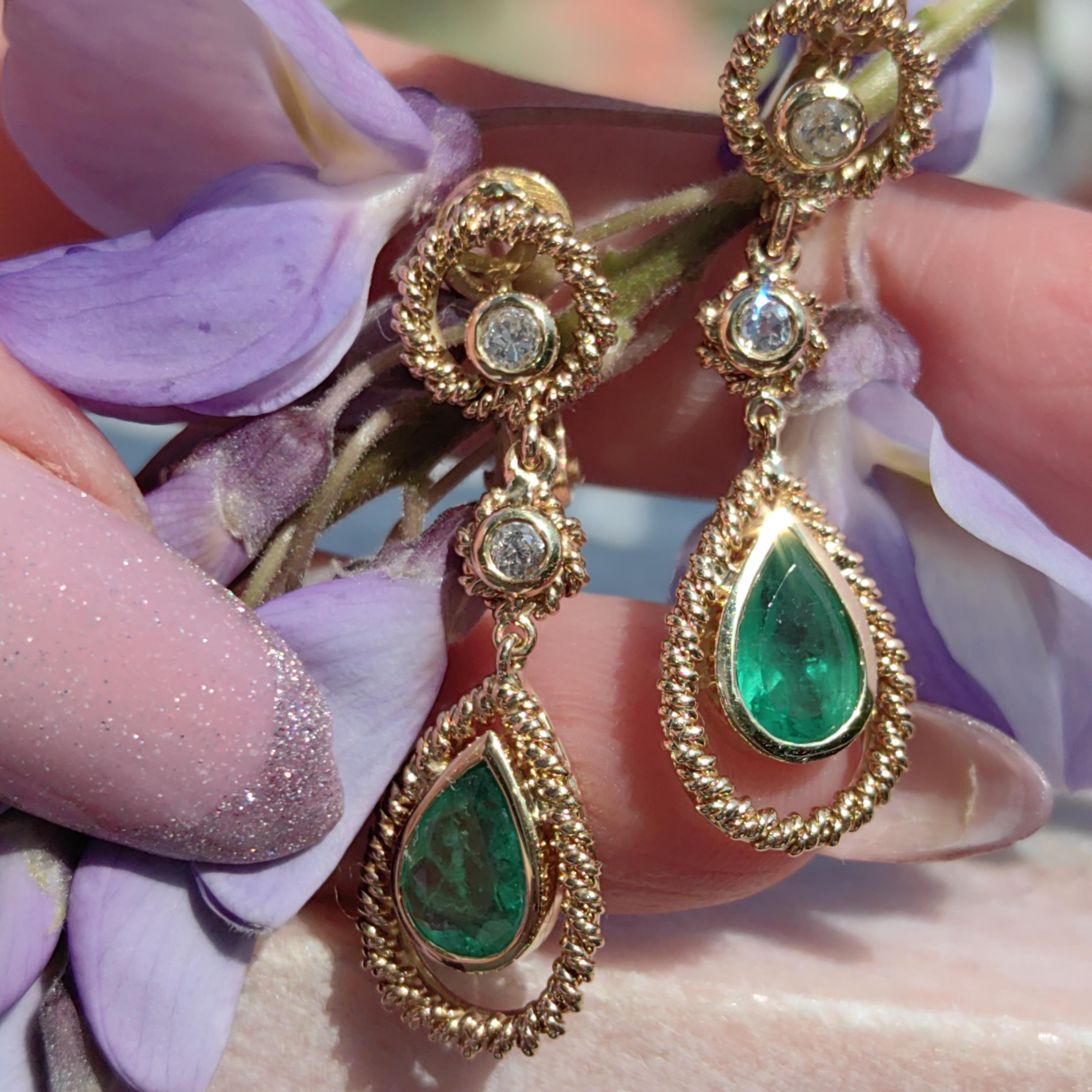 Antique Emerald Diamond 18k Gold Dangle Earrings: Mid Century French Dormeuses