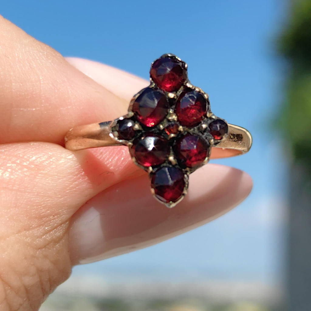 Antique 14k Yellow Gold Garnet Ring: Hand-Chiseled Floral Design