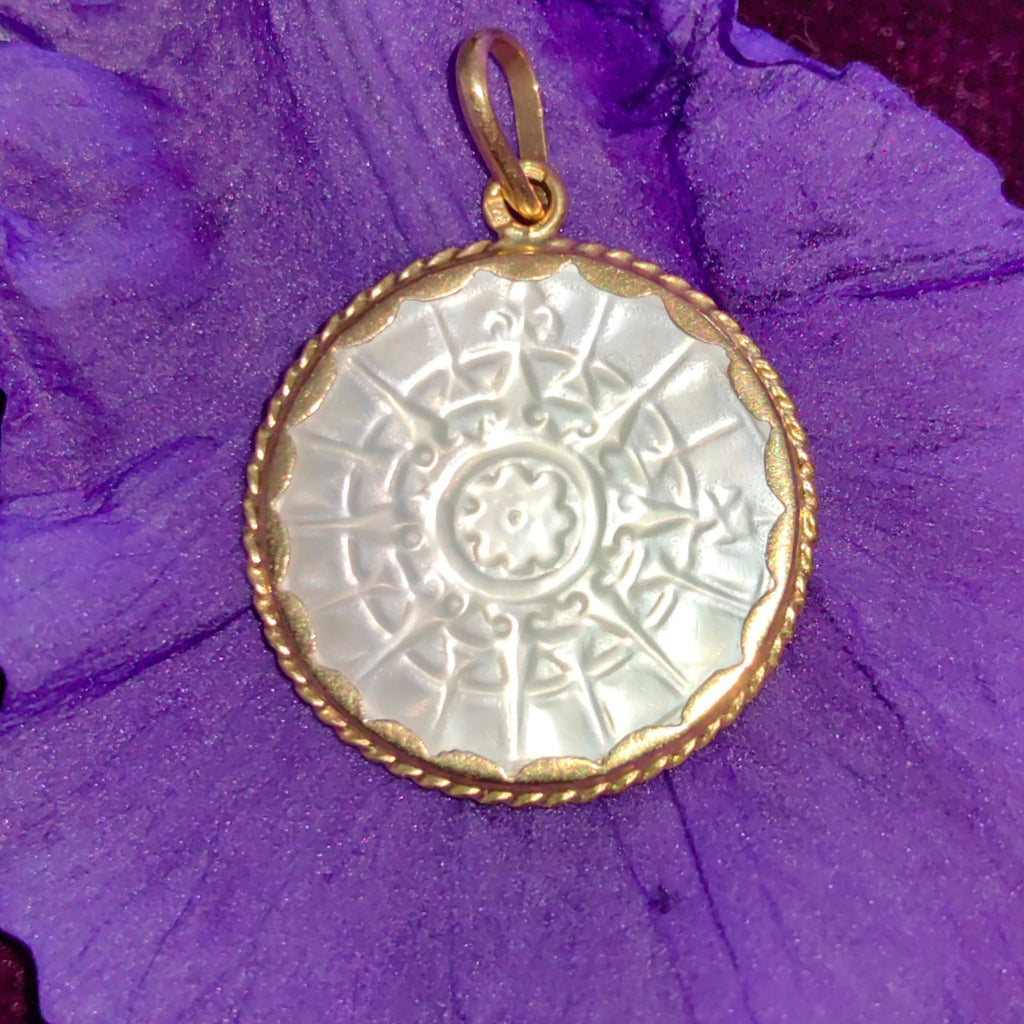 Vintage 1970s Hand Carved Mother of Pearl 18k Gold Pendant
