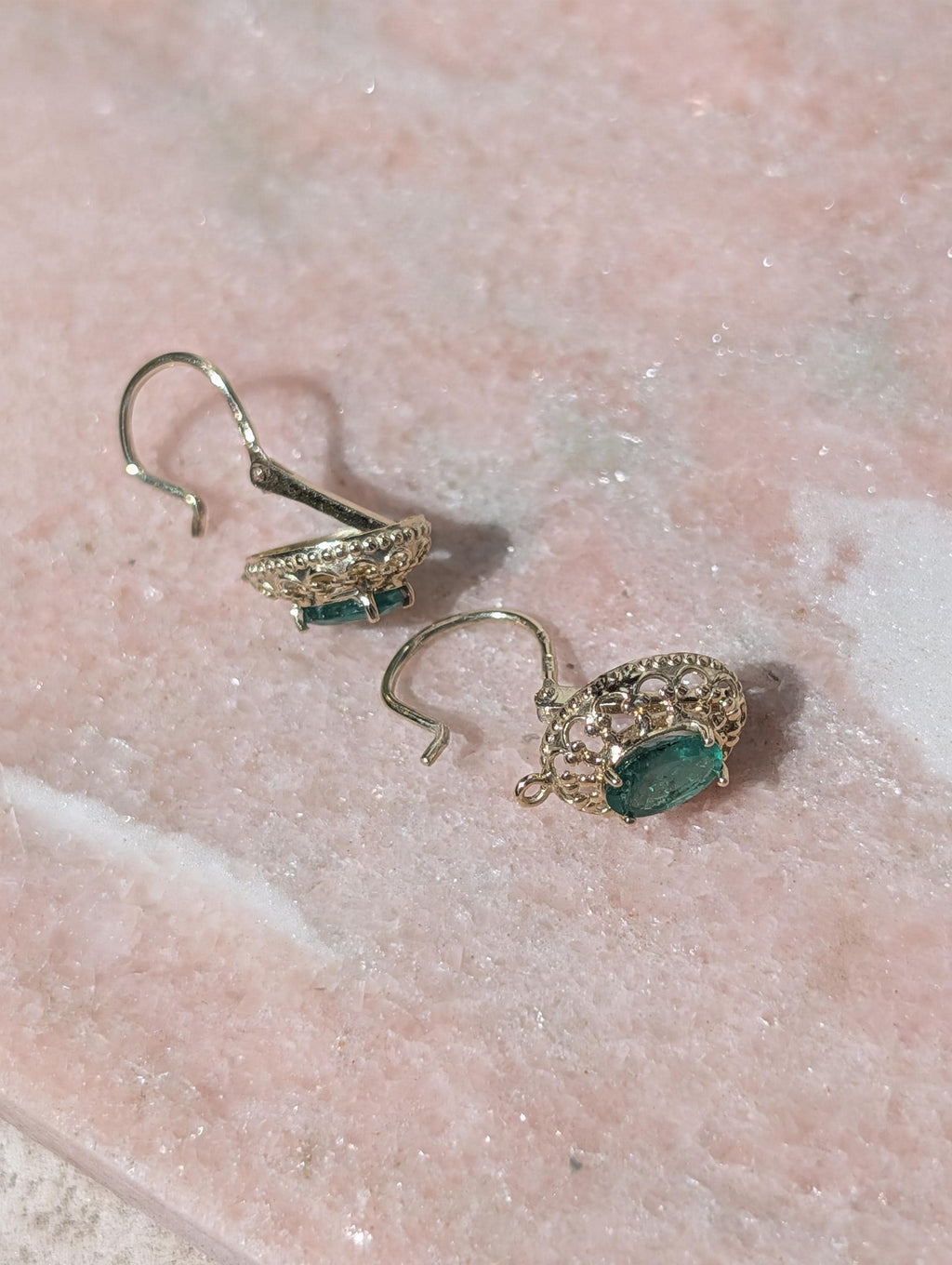 Late Art Deco 1940s Emerald Earrings, 14k Yellow Gold Natural Emerald Drop Earrings, Vintage Heirloom Fine Dangle Earrings Gift for Her