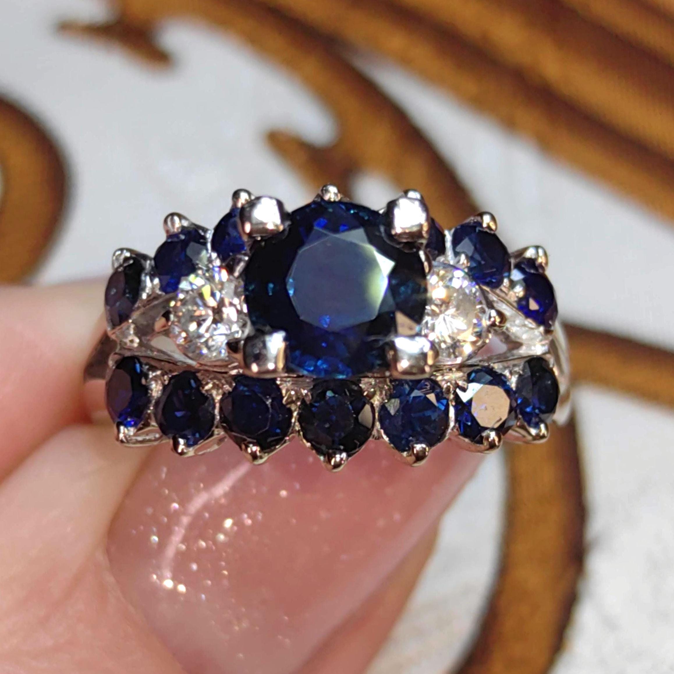 Vintage Mid-Century 18k White Gold Sapphire Diamond Ring