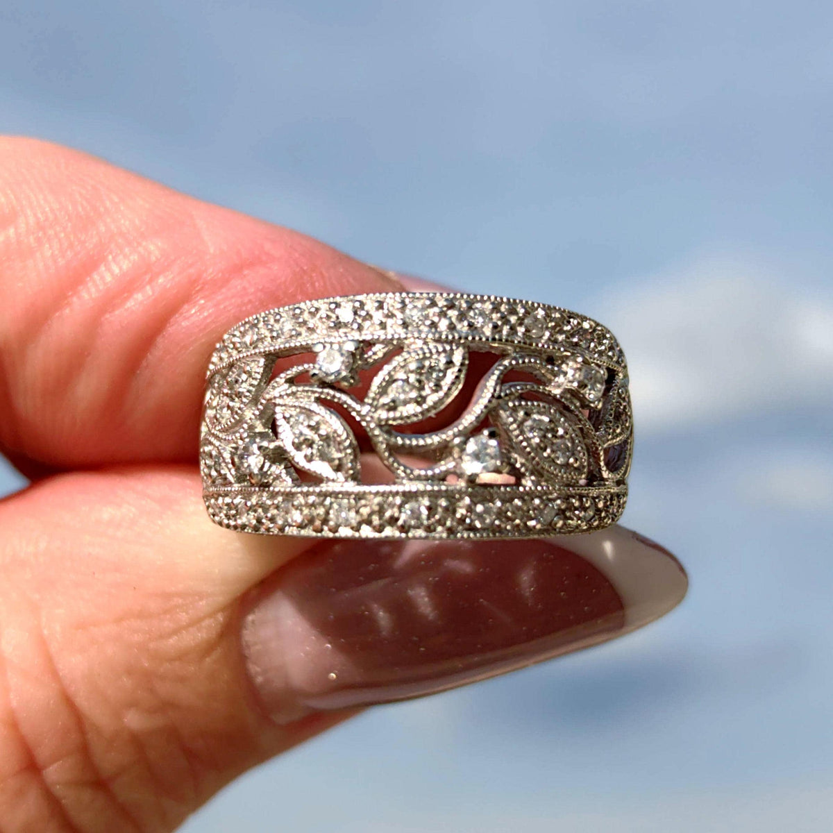 Diamond Floral Wedding Band: 14k White Gold Leaf Filigree Ring