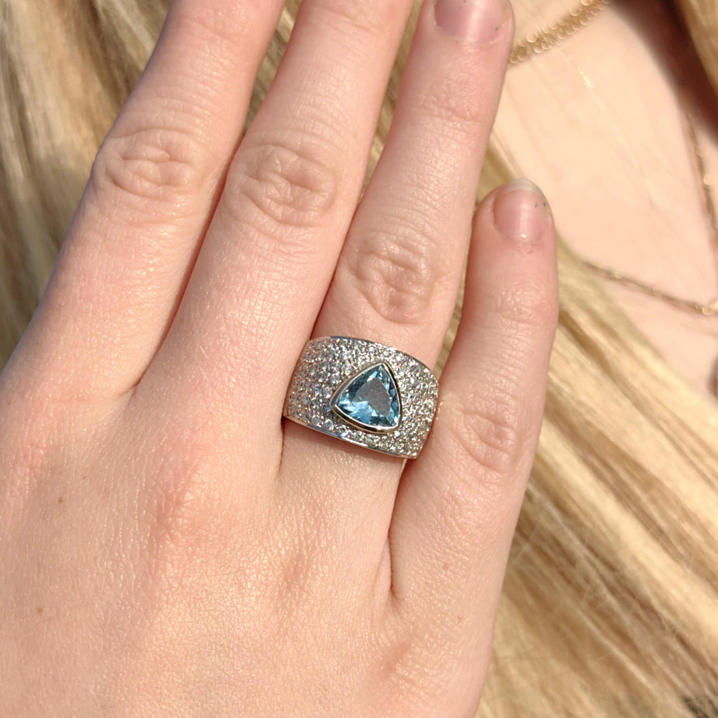 Aquamarine Trillion Diamond 18k White Gold Statement Ring, Geometric Unisex Band