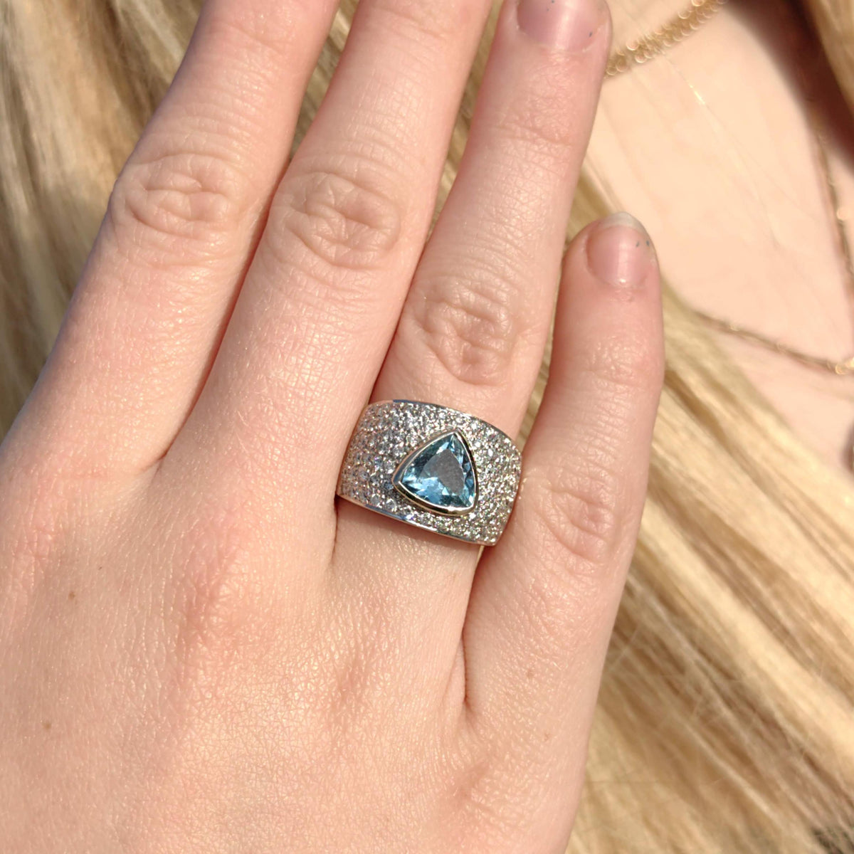 Aquamarine Trillion Diamond 18k White Gold Statement Ring, Geometric Unisex Band