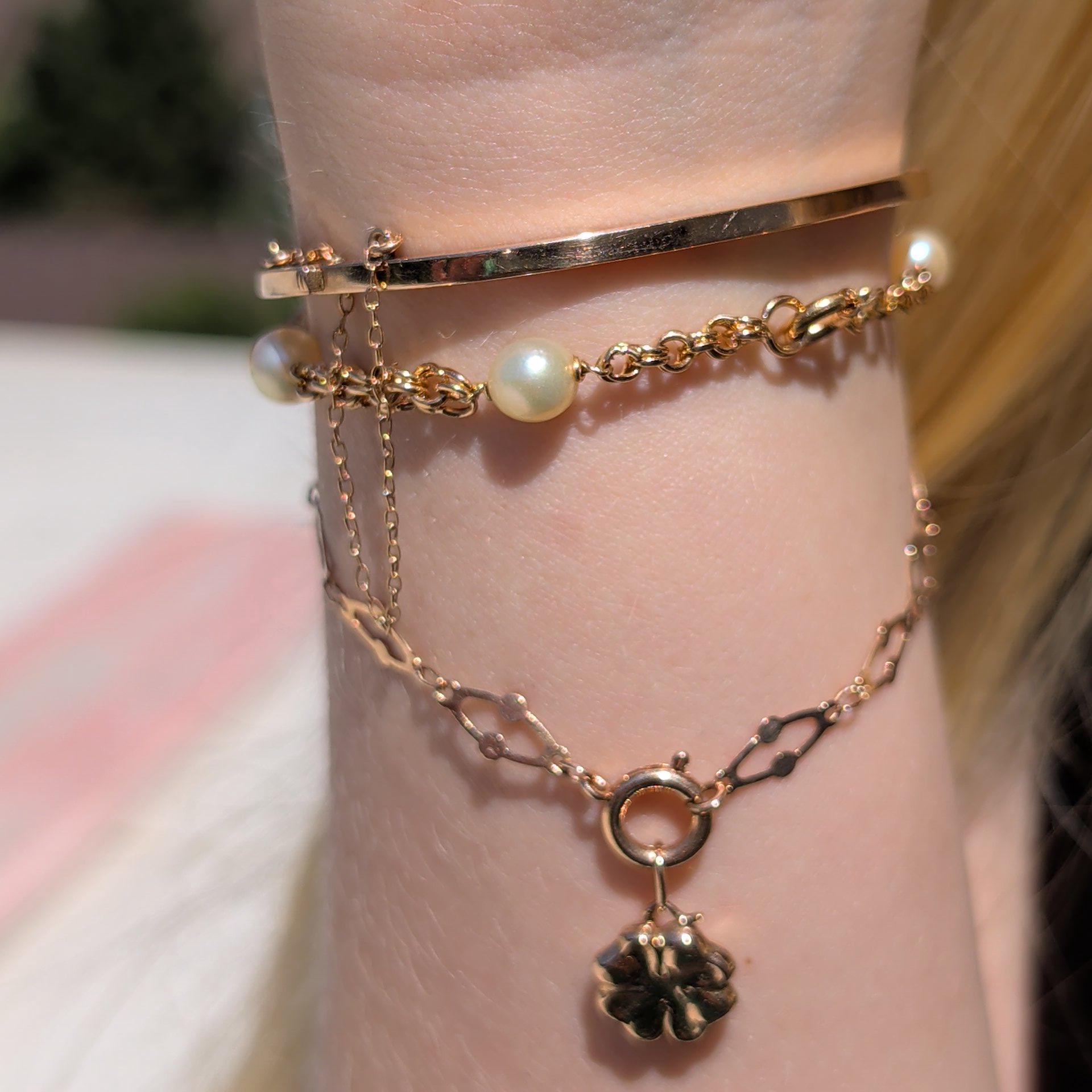 Art Nouveau Link Bracelet 14k Yellow Rose Gold Antique 1900s Four Leaf Clover Charm Bracelet Dainty Lucky Jewelry Gift HTS 9706 US duty free