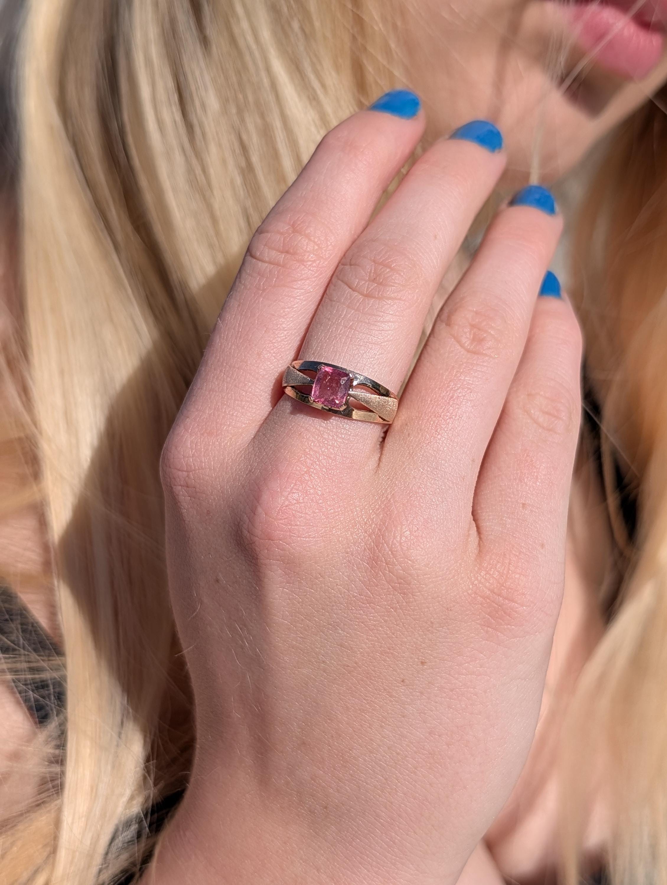 Vintage 1960s Natural Pink Tourmaline Ring 14k Solid Yellow Rose Gold Mid Century Statement Ring Size 9 US Free Resize Gift