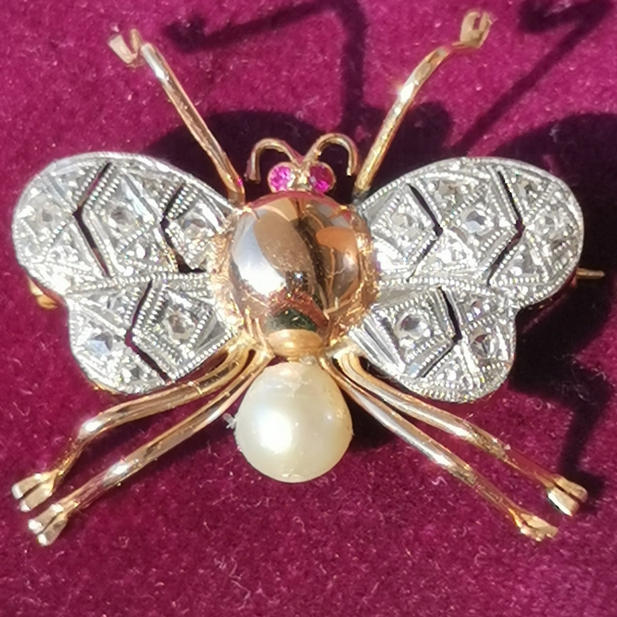 Vintage Diamond Ruby Pearl Solid Yellow 18k Gold Vintage Butterfly Insect Elegant Brooch 1970s