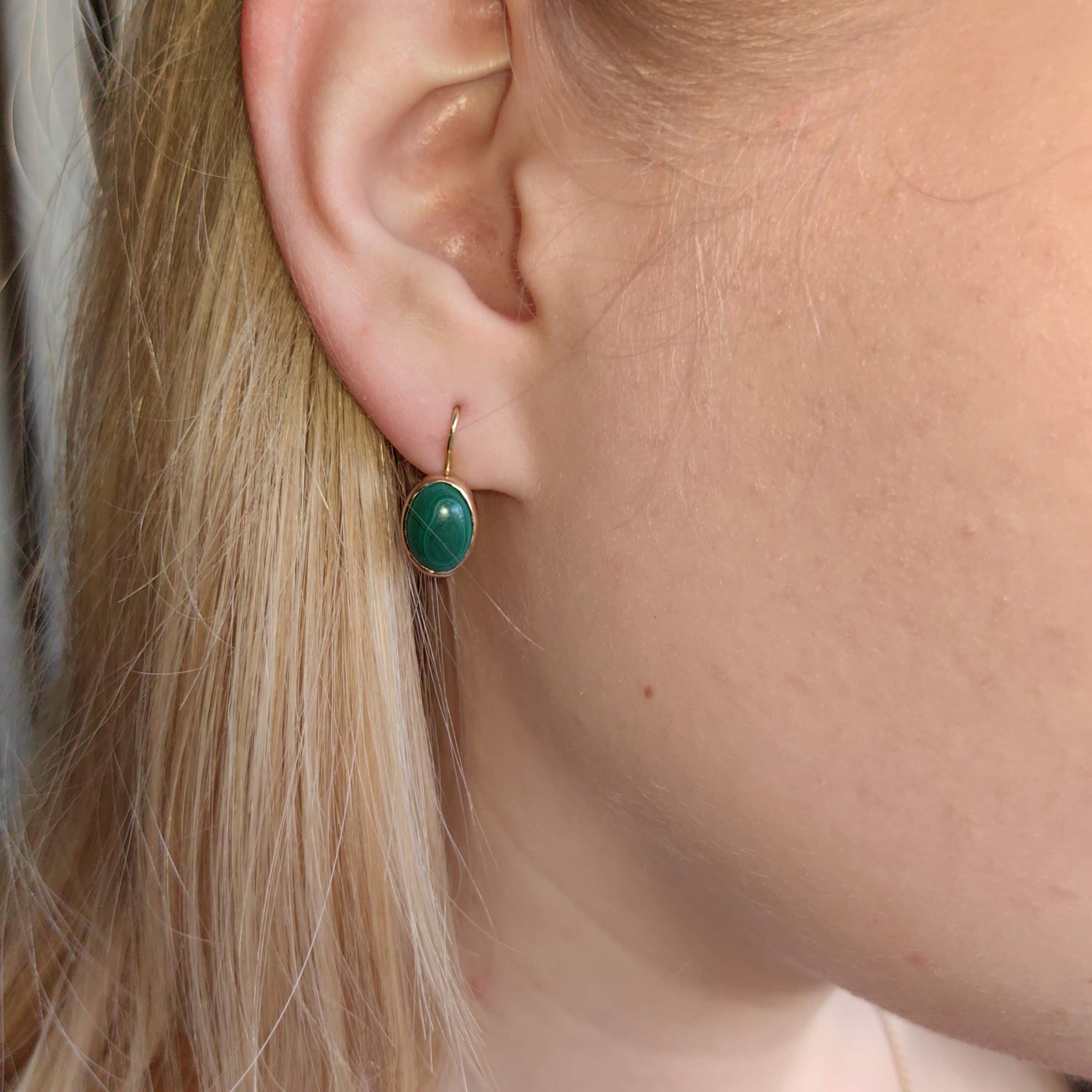 Vintage Art Nouveau Malachite 14k Gold Earrings