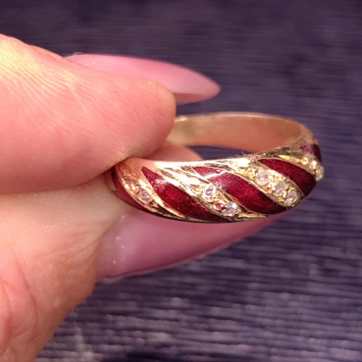 Vintage 1950s Diamond Solid 14k Yellow Gold Red Hand Painted Fire Enamel Wave Design Wedding Band Ring Gift for Her
