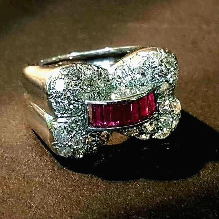 Art Deco Platinum Ruby Diamond Ring: 1930s Vintage Cocktail Ring