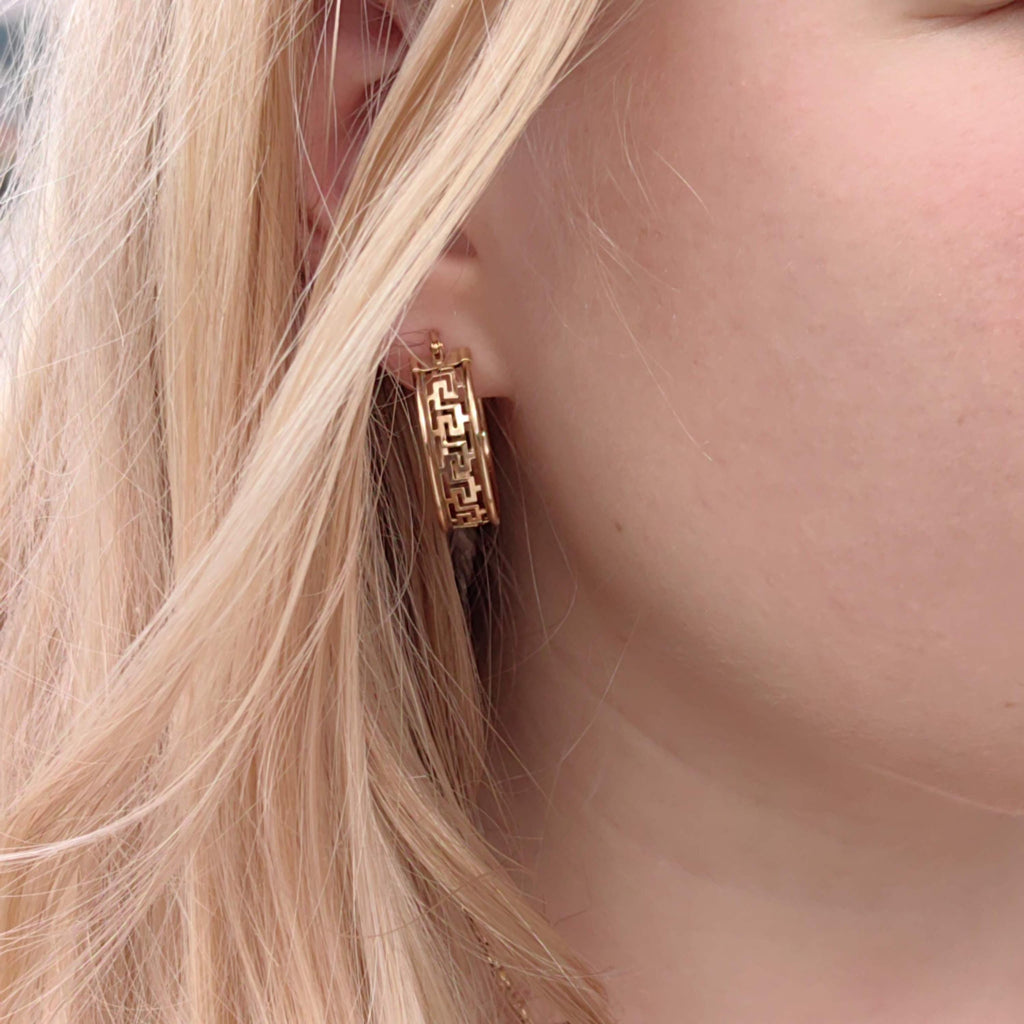 Vintage 14k Gold Hoop Earrings: Greek Meander Versace Style