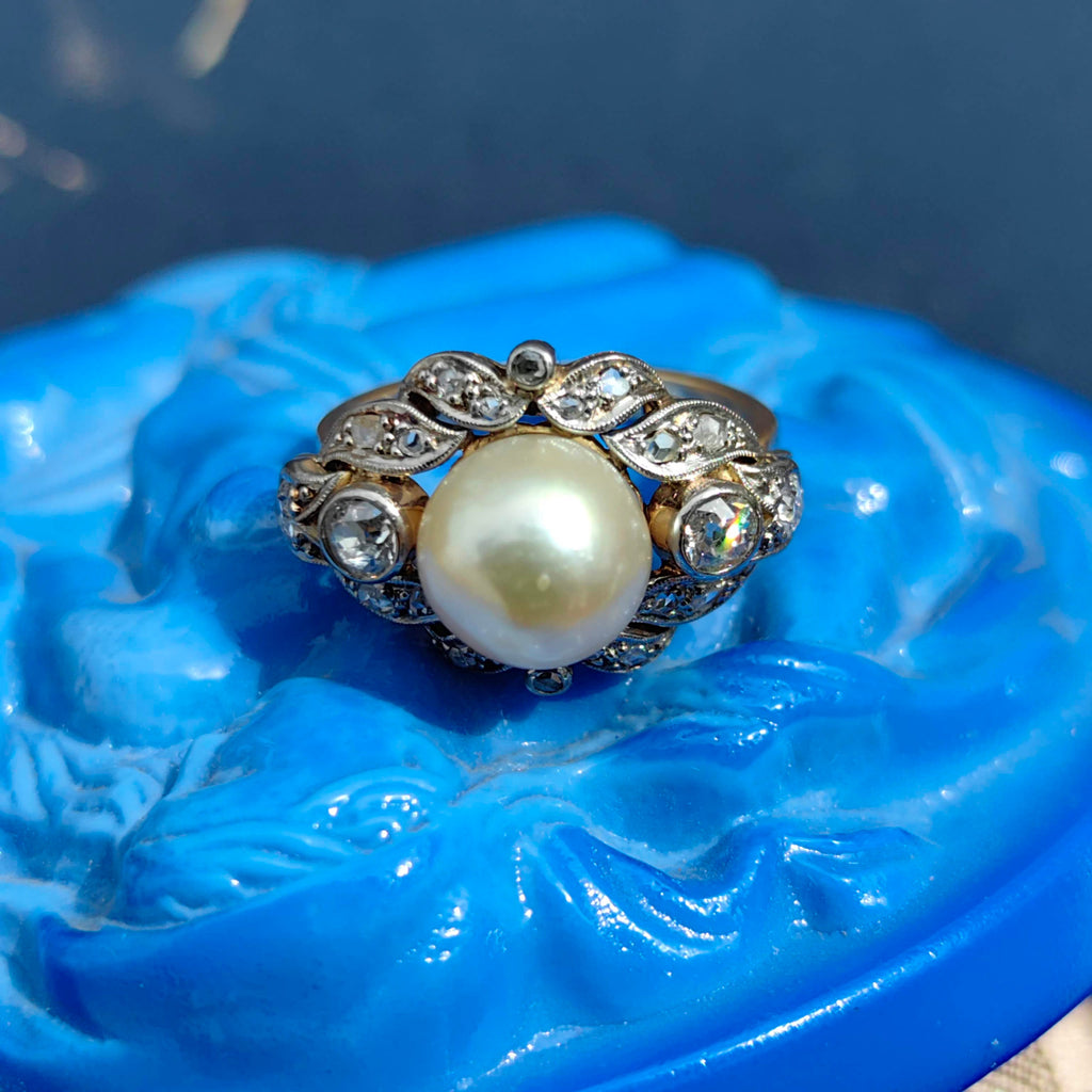 1920s Art Deco Pearl Diamond Ring: 14k Gold Wedding Engagement Ring