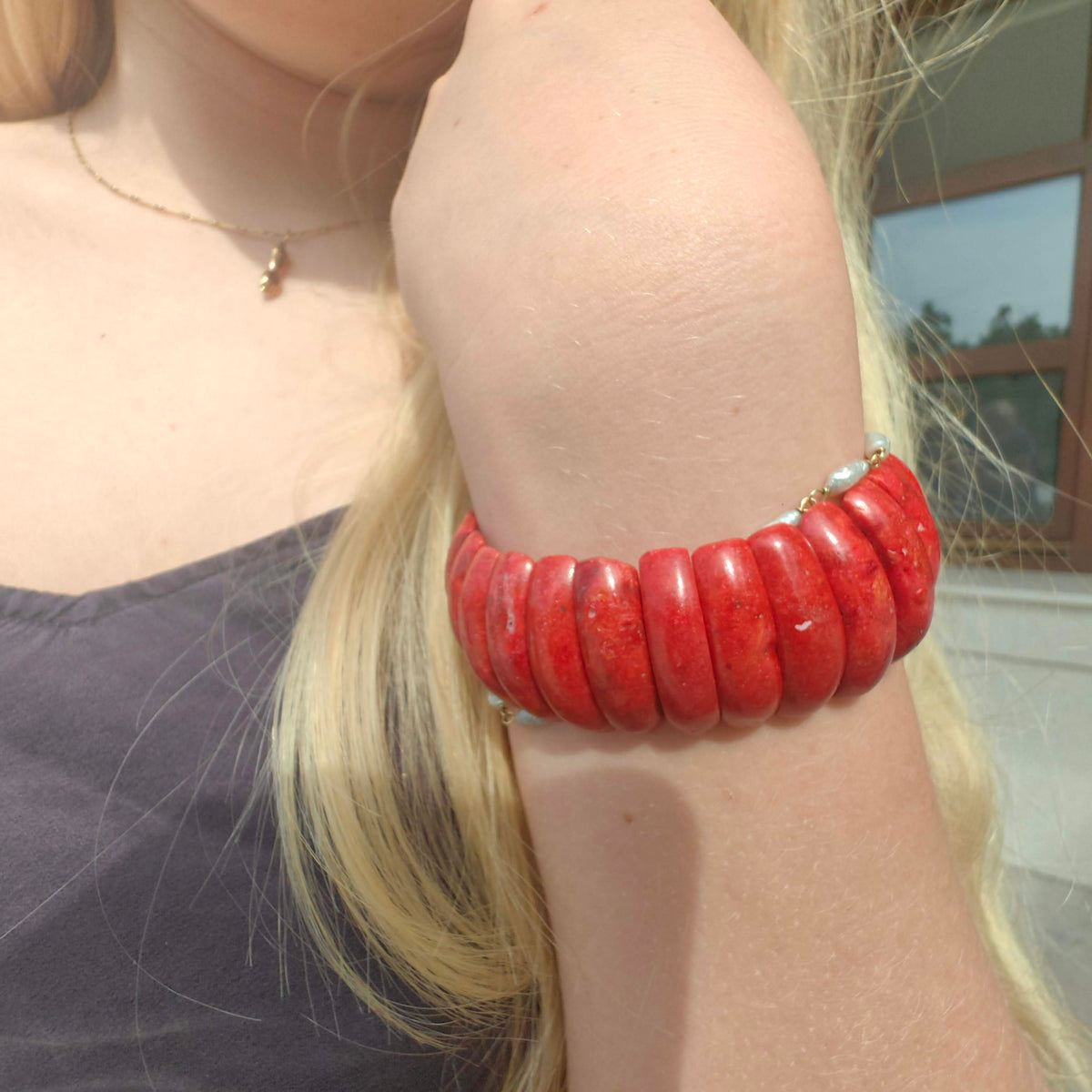 Vintage Natural Red Mediterranean Coral Elegant Statement Beaded Bracelet Unisex Elastic Band Gemstone Accessory Gift for Her Present