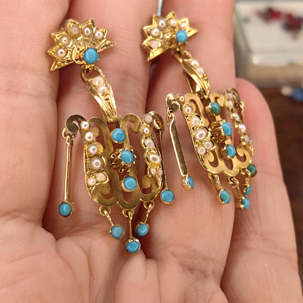 Turquoise Pearl 18K Gold Dangle Earrings: Antique Victorian Revival