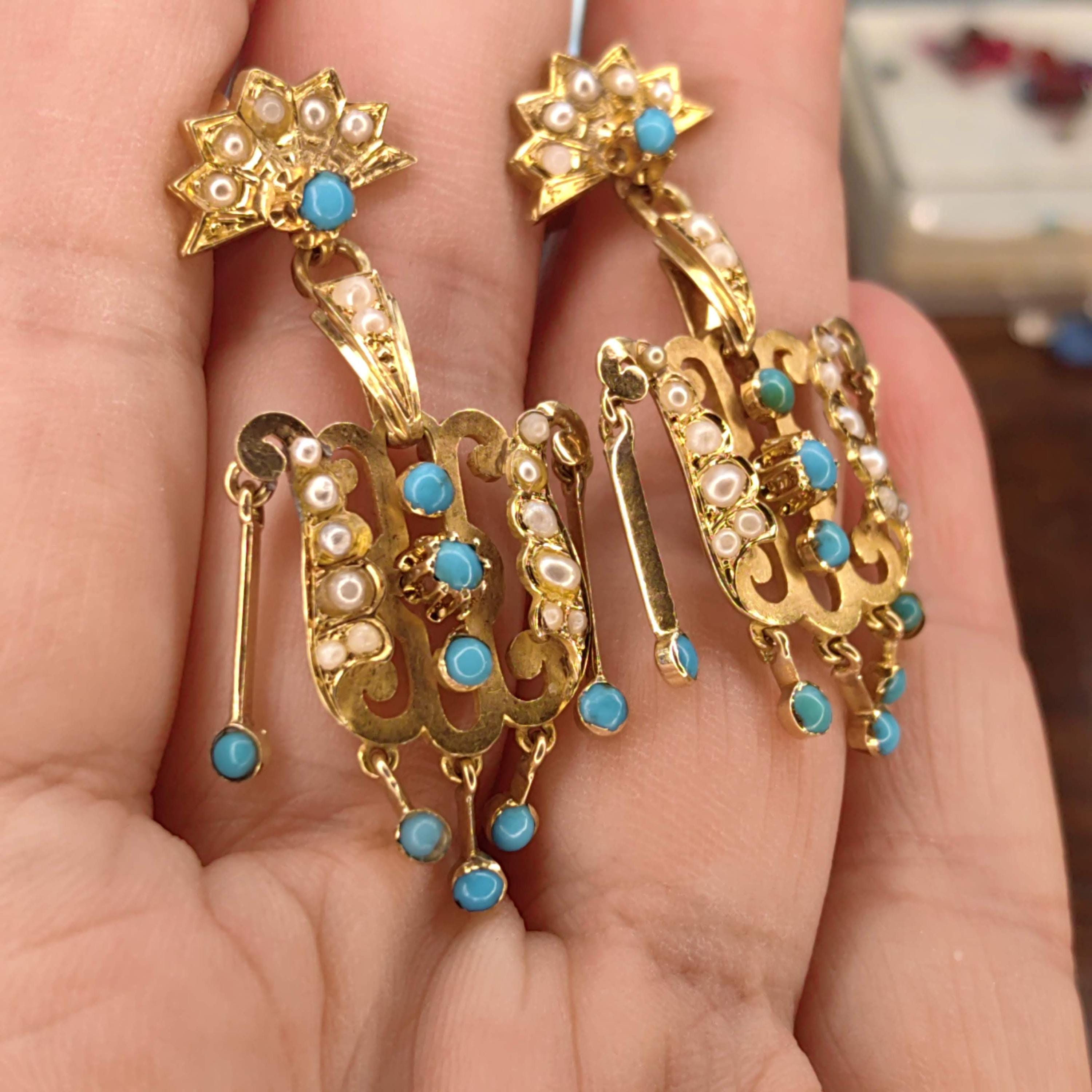 Turquoise Pearl 18K Gold Dangle Earrings: Antique Victorian Revival