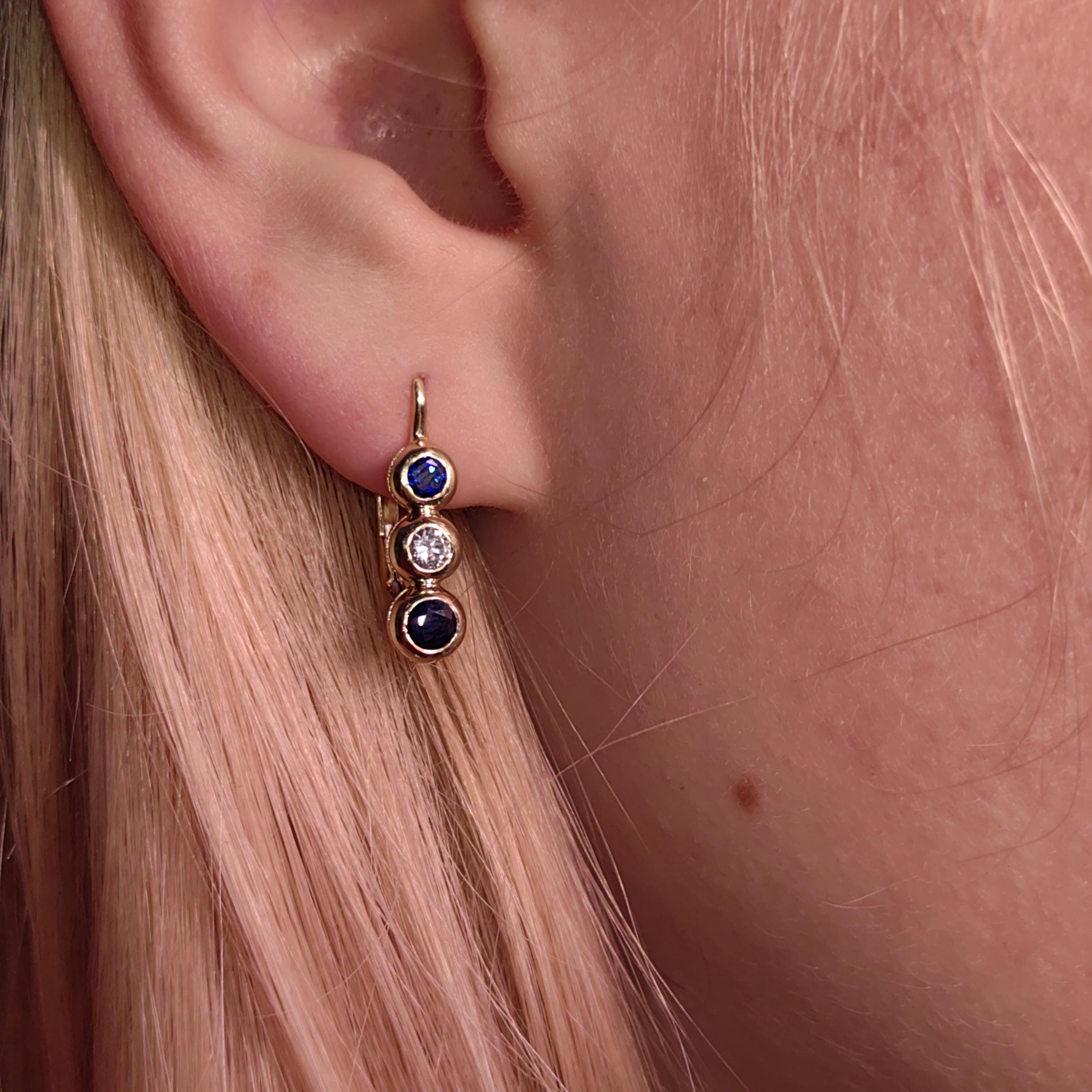 Vintage 14k Gold Sapphire Diamond Lever Back Earrings – Elegant Dainty Dormeuses