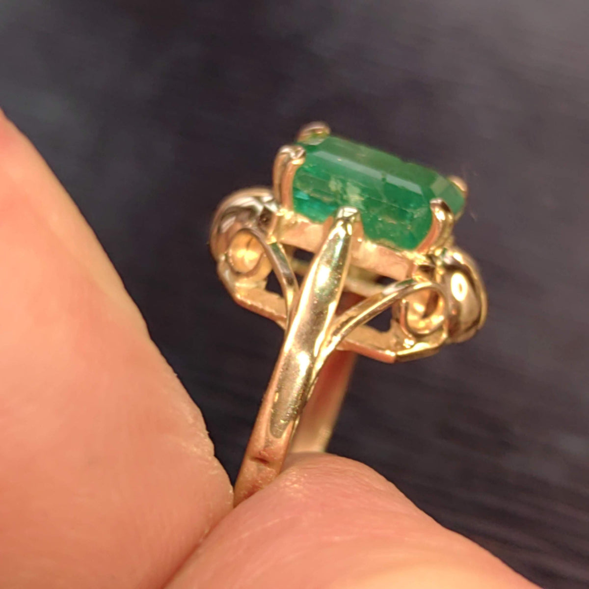 Art Nouveau 1900s Emerald Ring, Fine 14k Yellow Gold Antique Solitaire Ring, Natural Green Emerald Gift for Her, Size US 6.75 EU 54