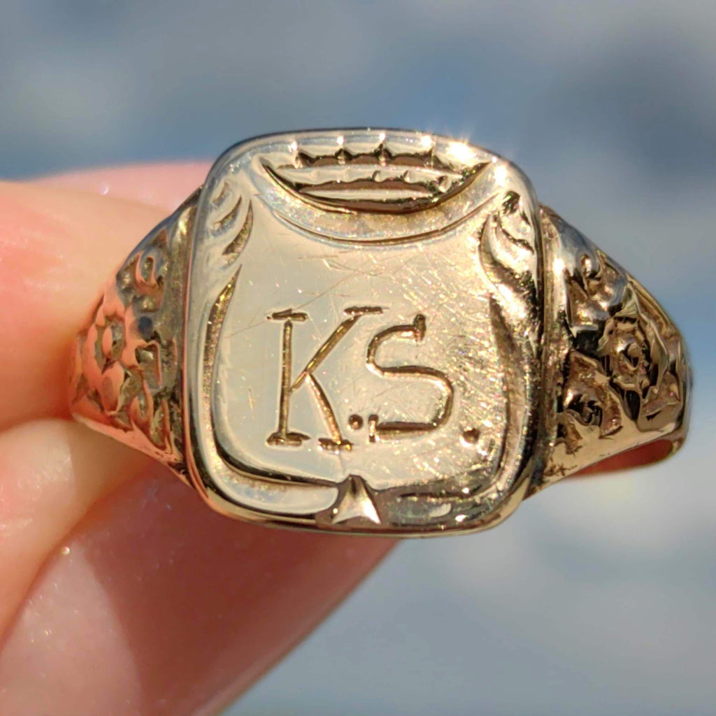 14k Yellow Gold Antique Signet Ring: Crown & KS Initials, Size 11