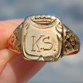 14k Yellow Gold Antique Signet Ring: Crown & KS Initials, Size 11