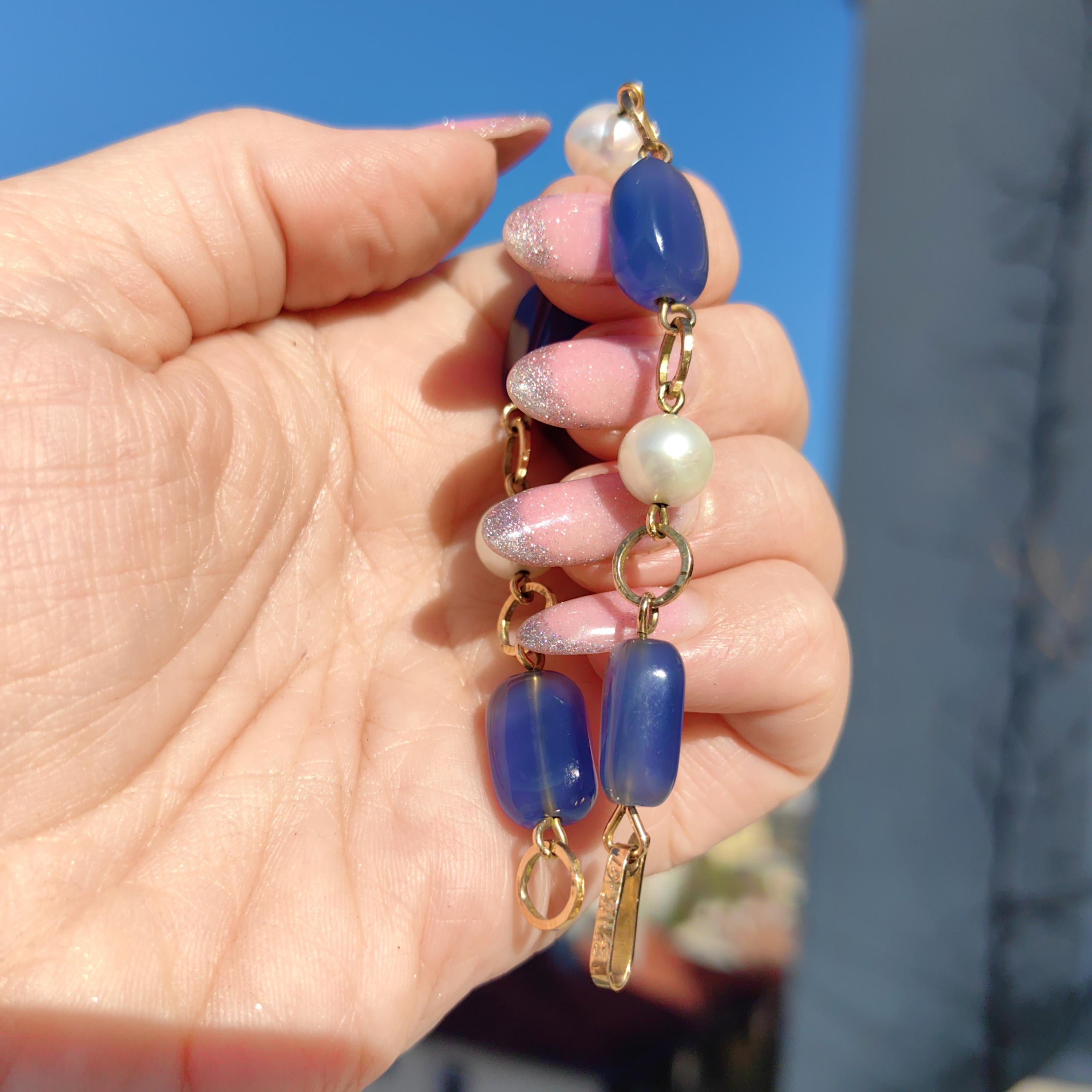 1960s Blue Chalcedony Pearl Bracelet: 18k Gold Beaded Chain
