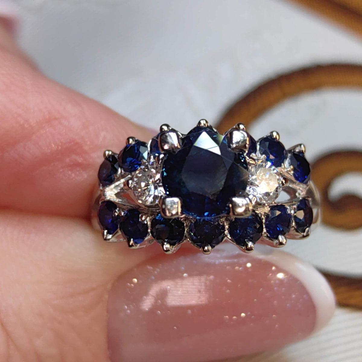 Vintage Mid-Century 18k White Gold Sapphire Diamond Ring