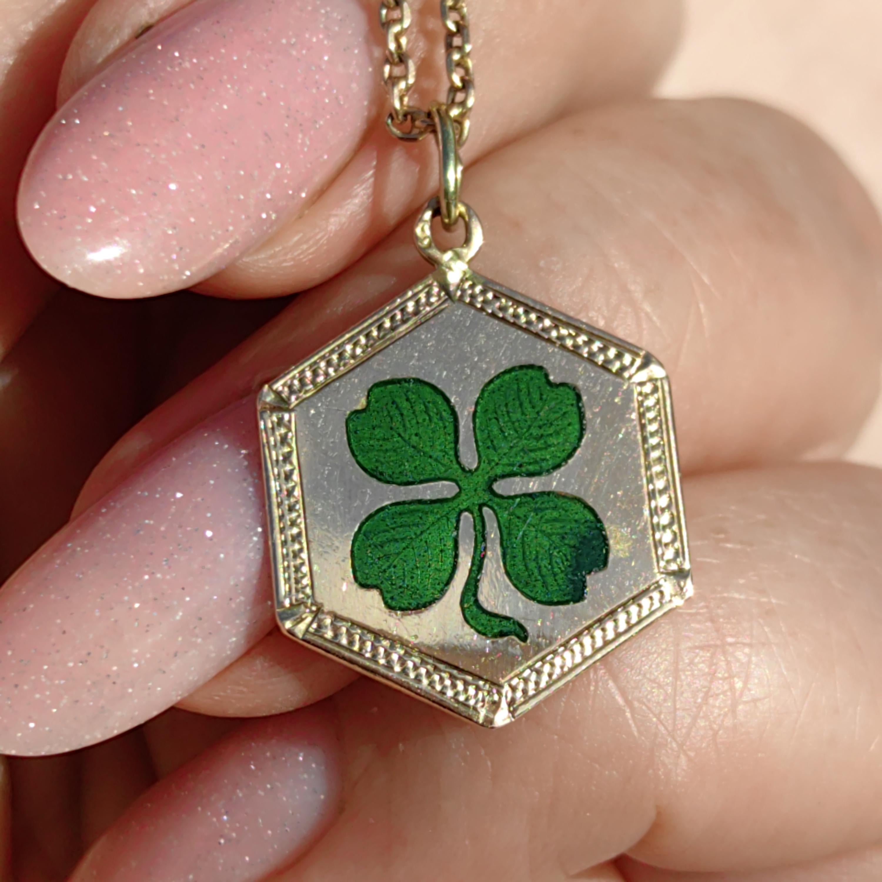 14k Gold Clover Pendant: Art Nouveau Enamel Four Leaf Luck Charm