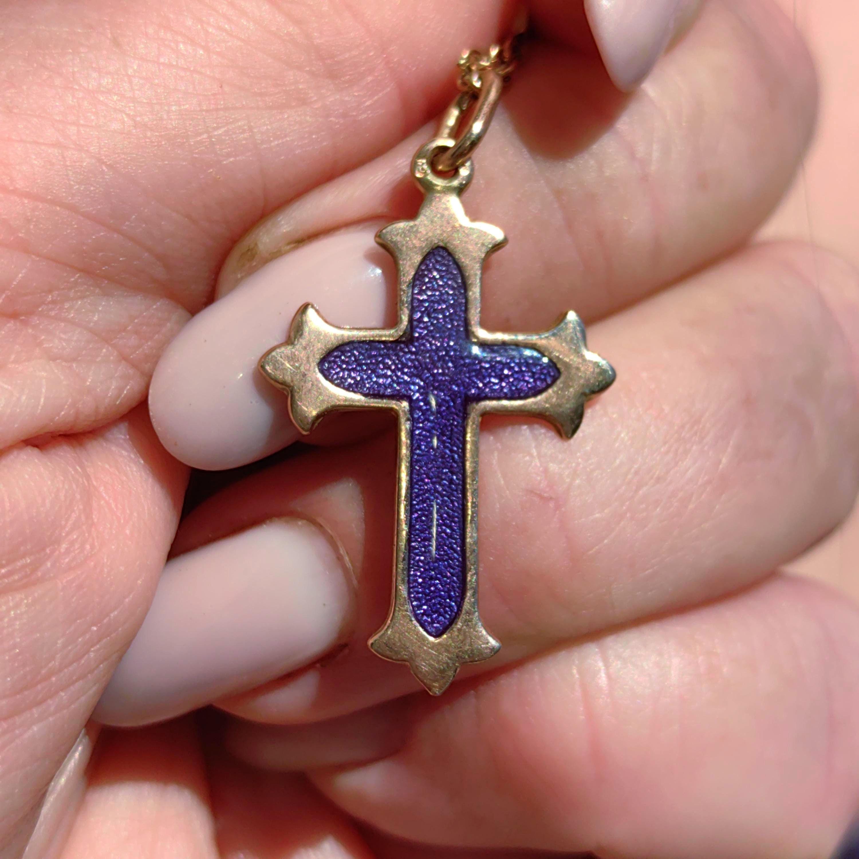 14k Yellow Rose Champagne Solid Gold Latin Cross  Catholic Pendant Blue Purple Enamel Christian Jewelry Gift Present
