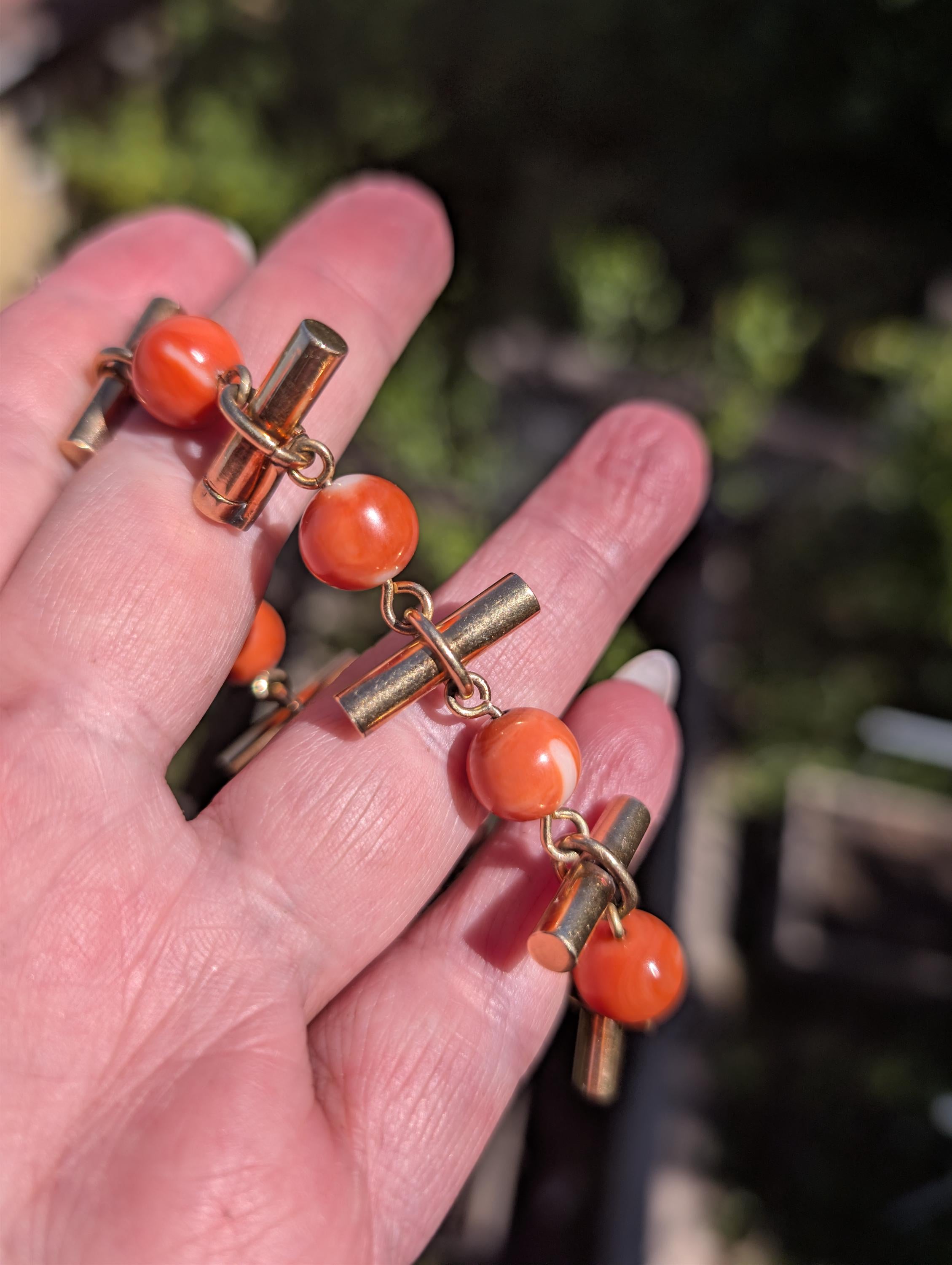 Antique 18kt Champagne Gold Natural Coral Bracelet, Hungarian Import Hallmarked Chain, Red Orange Mediterranean Coral Chic Boho Gift Her Him