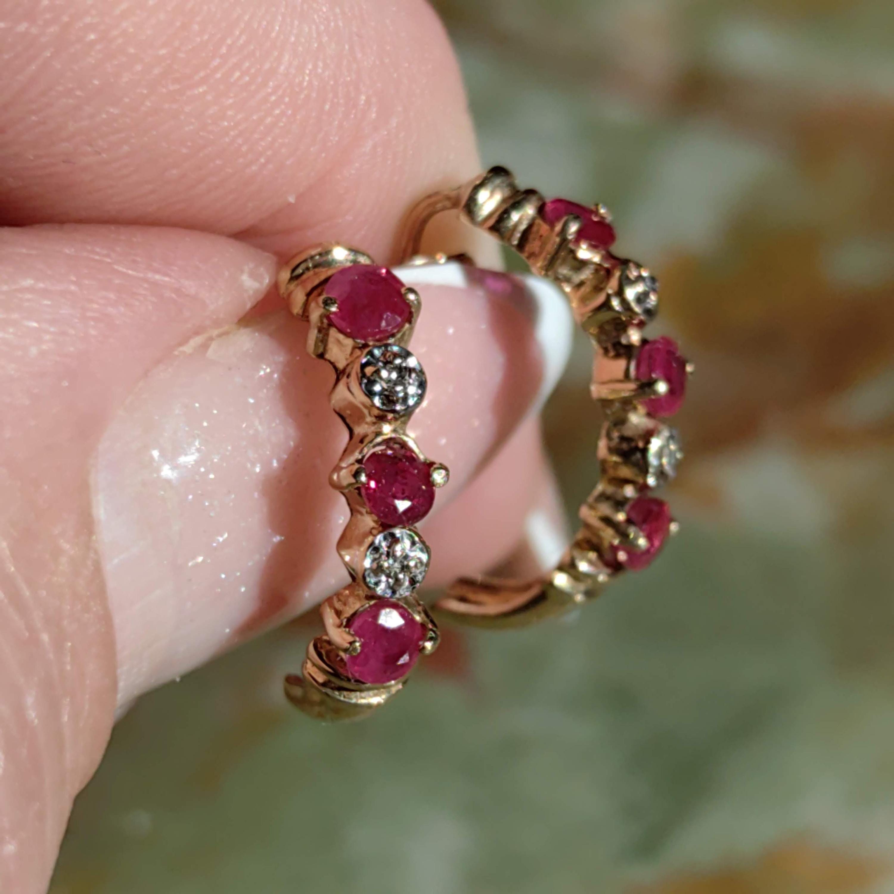 Vintage 14k Yellow Gold Ruby & Diamond Hoop Earrings