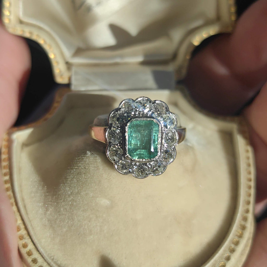 Antique 14k Solid Yellow Gold Natural Green Emerald Diamond 1900s Victorian Elegant Vintage Statement Ring Gift for Her