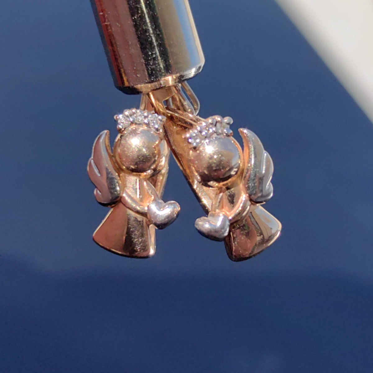 14K Yellow Gold Angel Earrings: Diamond Studs, Religious Jewelry