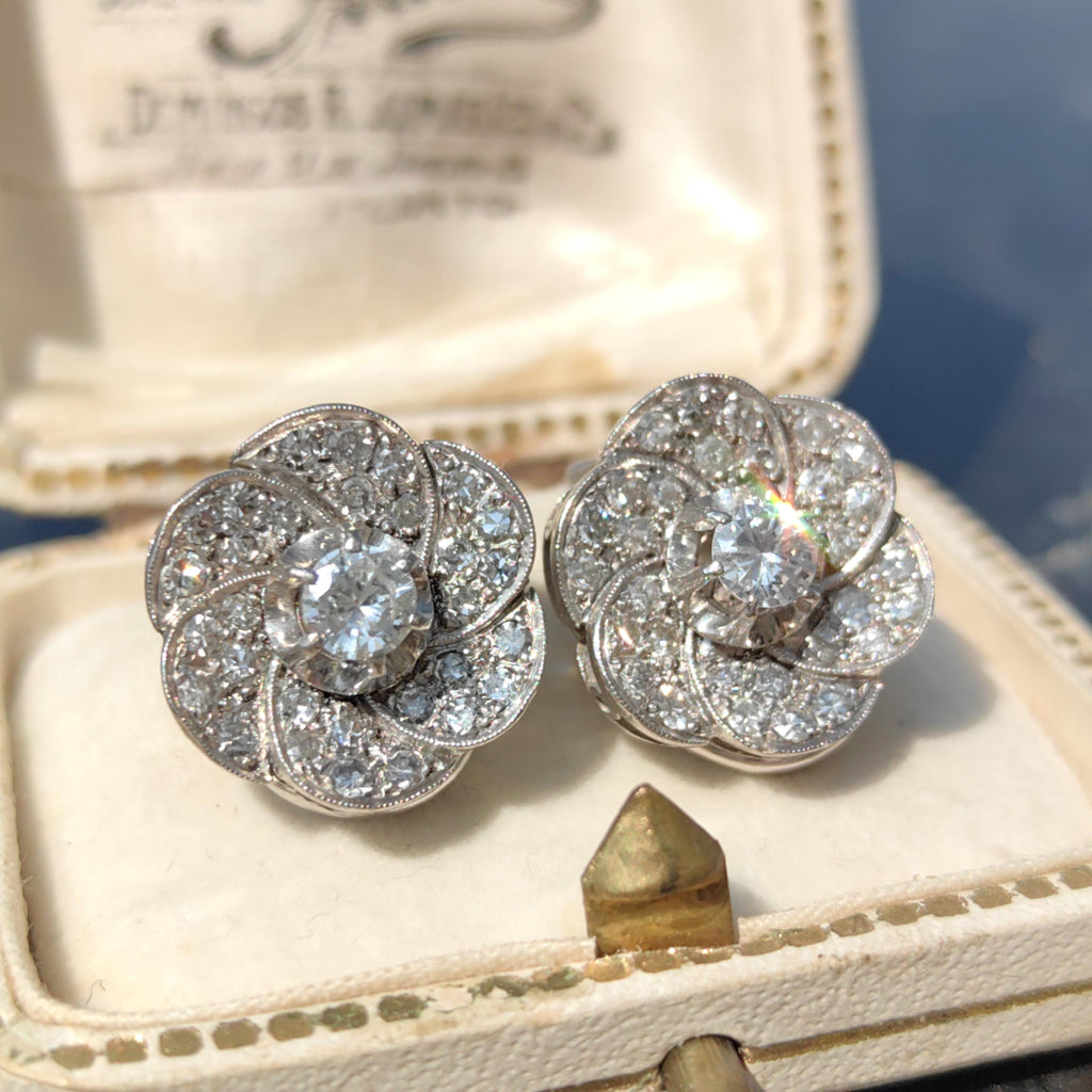 18k Solid White Gold Diamond Art Deco 1920s Elegant Large Statement Earrings with Floral Design Gift for her Present