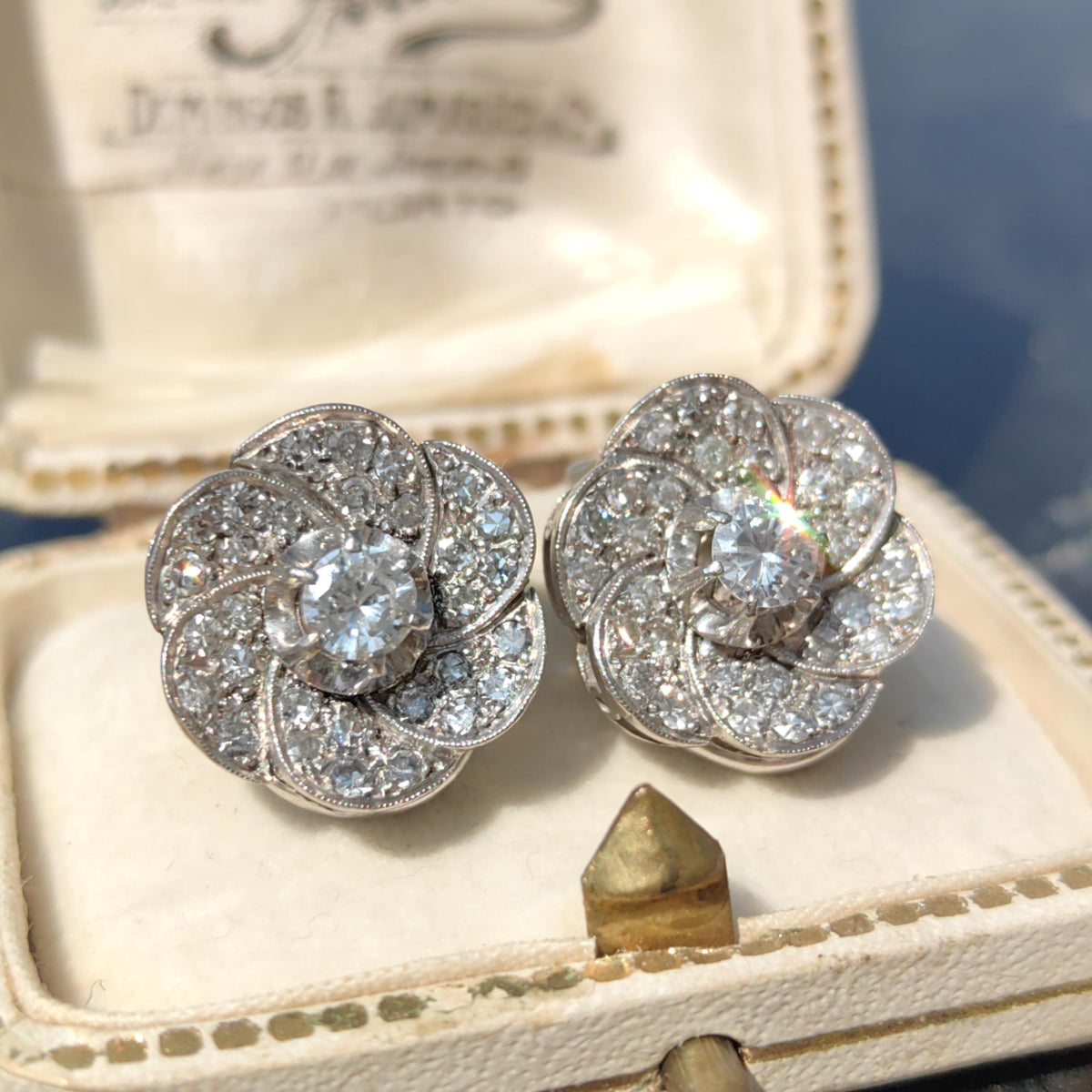18k Solid White Gold Diamond Art Deco 1920s Elegant Large Statement Earrings with Floral Design Gift for her Present