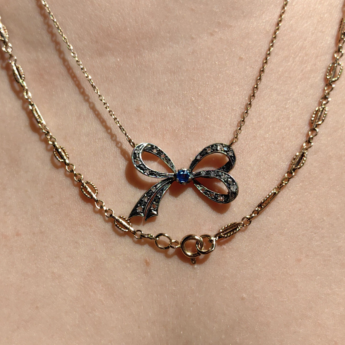 Victorian Sapphire Diamond Bow Pendant: 14k Yellow Gold Antique Necklace
