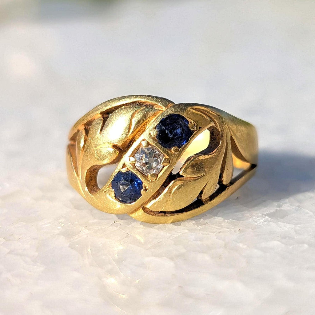 Victorian 1880s Sapphire Diamond Three Stone Ring 19K Gold Laurel Leaf Wide Band Antique US Duty Free HTS 9706