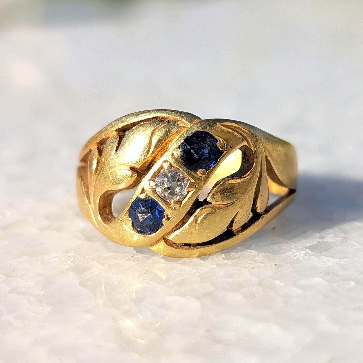 Victorian 1880s Sapphire Diamond Three Stone Ring 19K Gold Laurel Leaf Wide Band Antique US Duty Free HTS 9706