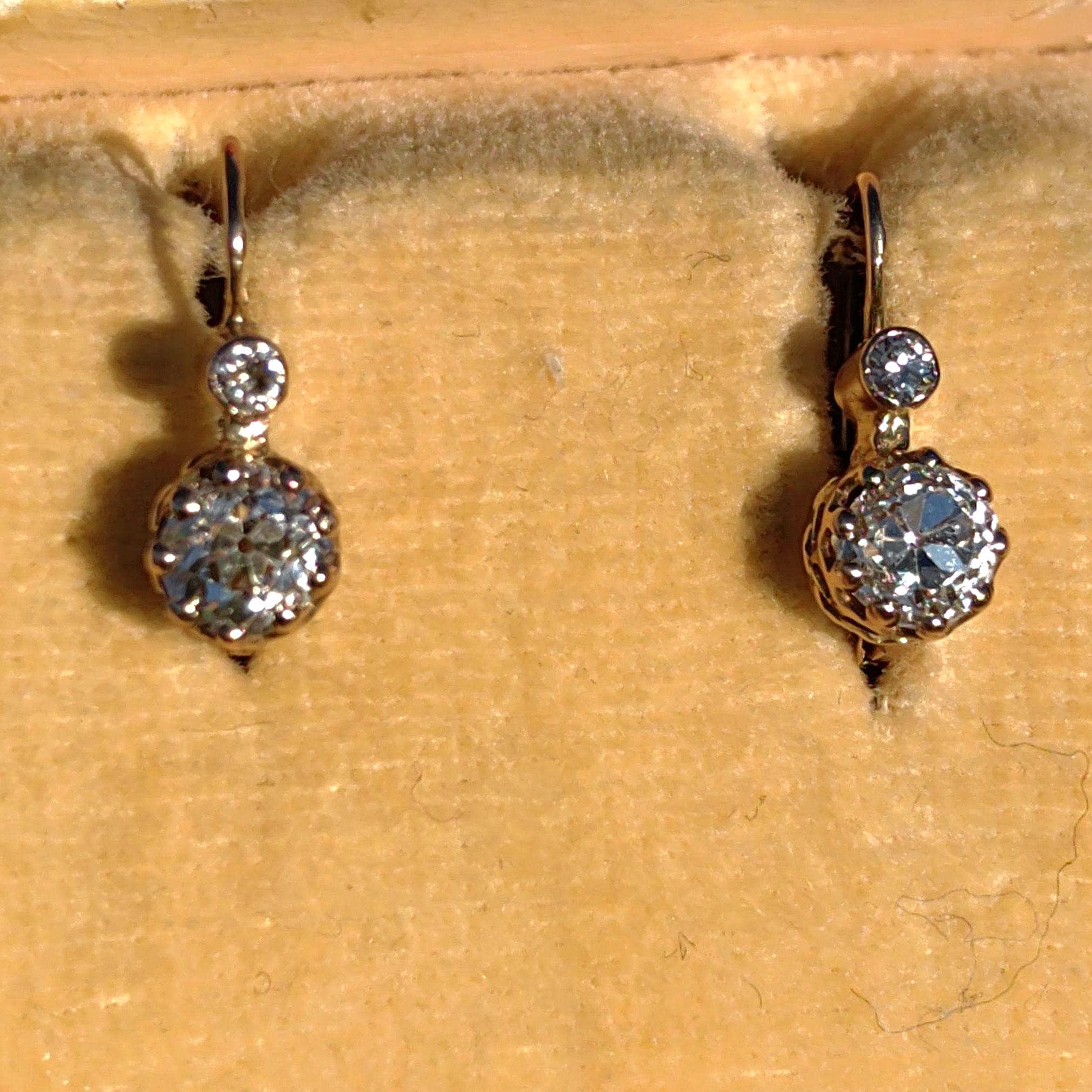 1880s Victorian 14K Champagne Gold Diamond Sleeper Earrings: Antique Dormeuse