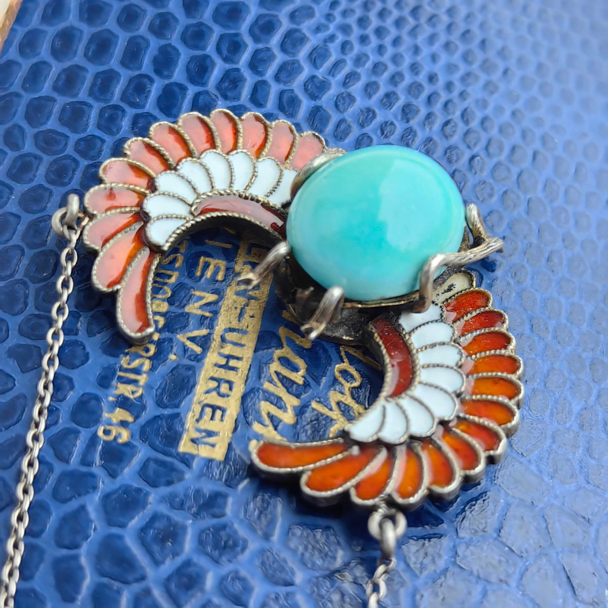 Art Deco Antique Vintage Scarab Ancient Egypt Revival Style Turquoise and Enamel Silver Necklace