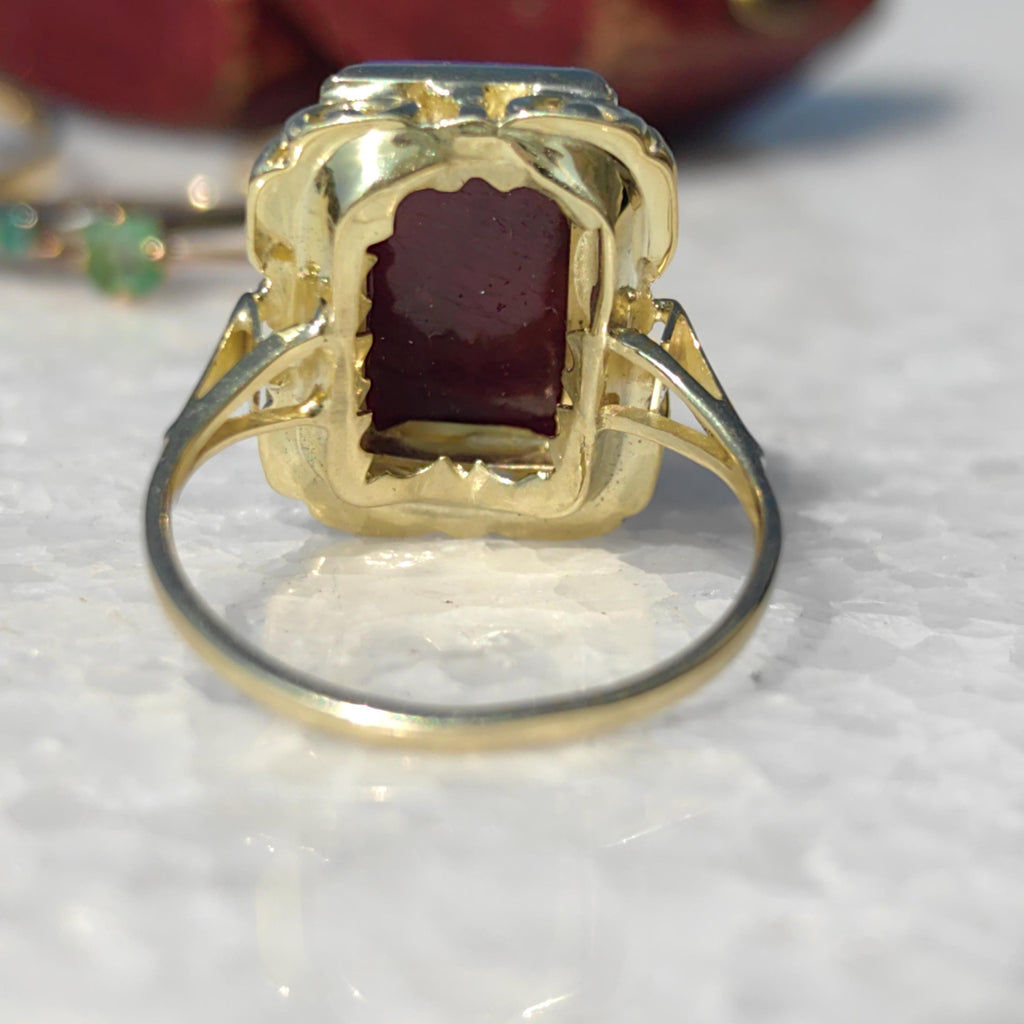 Vintage Art Deco Natural Opaque Red Ruby Elegant Rectangle Emerald Cut Ring 14k Solid Yellow Gold Geometric Statement Ring Gift Present