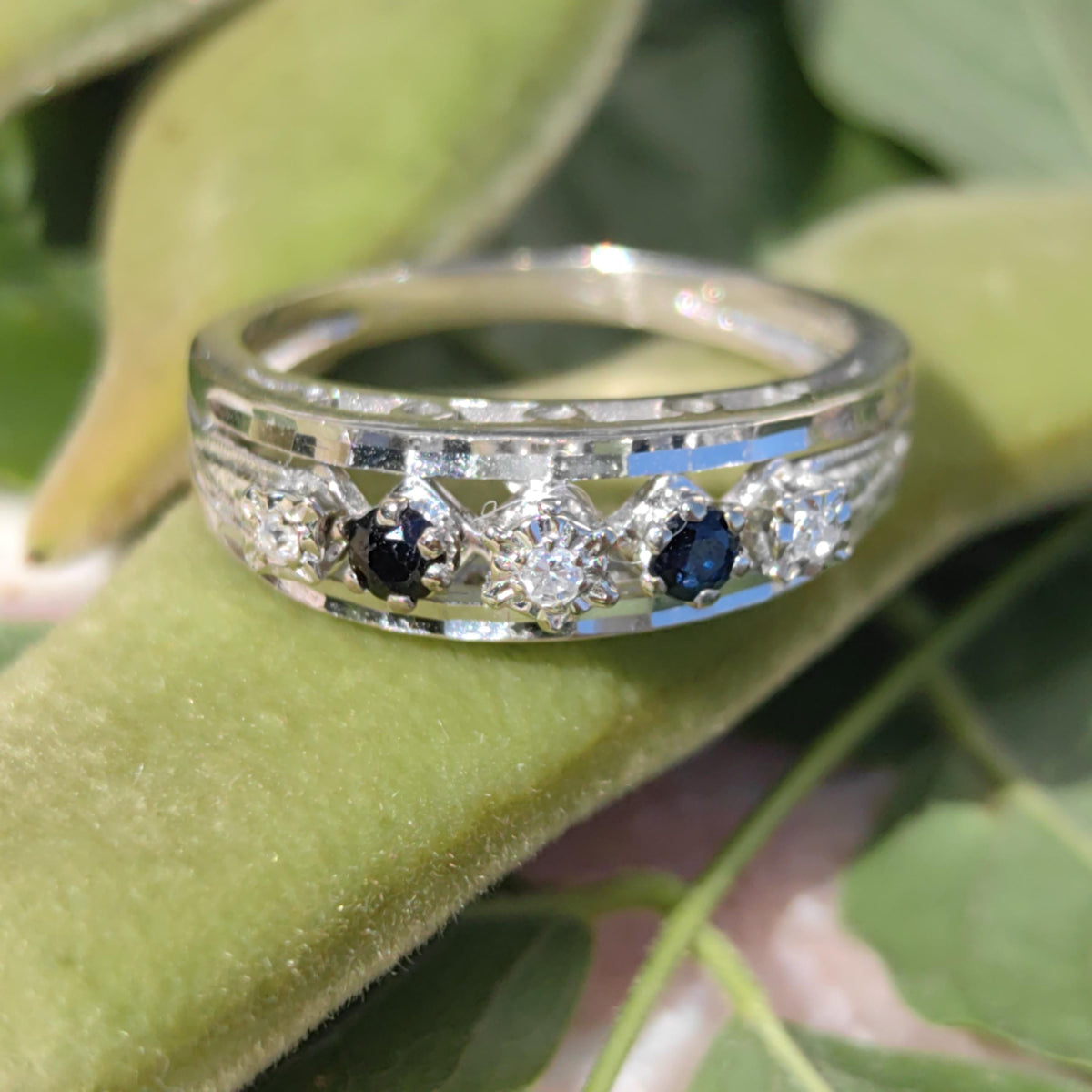 Natural Sapphire Diamond 14k 585 Hallmarked Solid White Gold Engagement Ring, Vintage Antique 1960s Elegant Ring Gift for Her