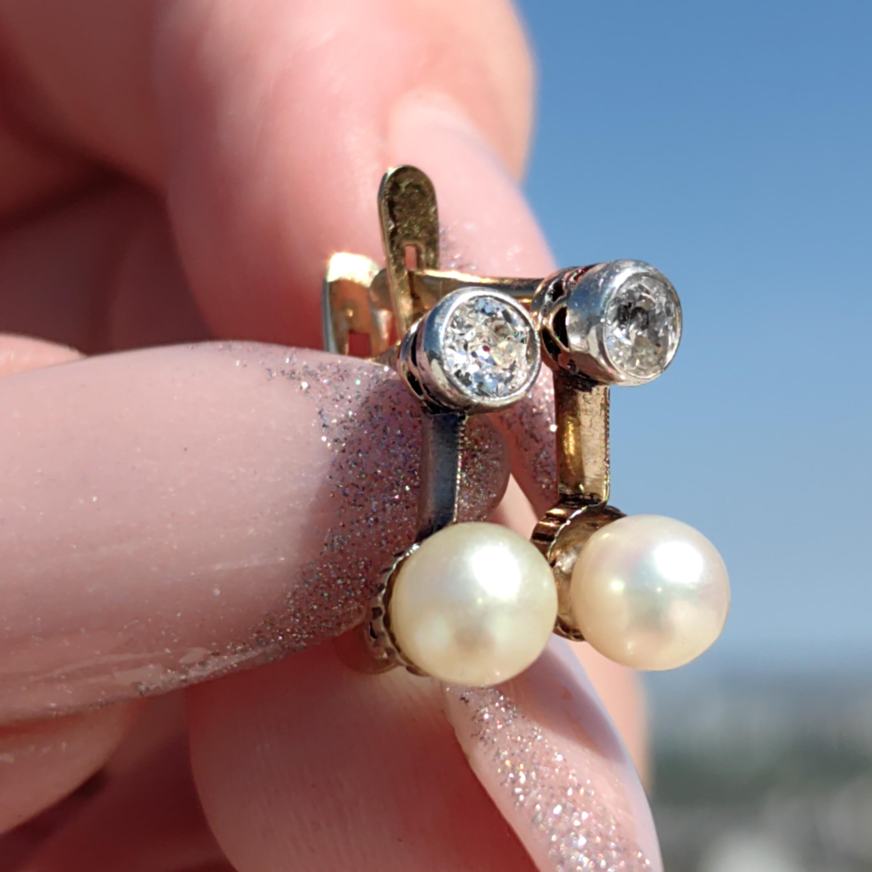 Diamond Pearl Solid Yellow 18k Gold Art Deco 1930s Elegant Sleepers Dormouse Dangle Drop Latch Back Antique Vintage Earrings Gift for Her
