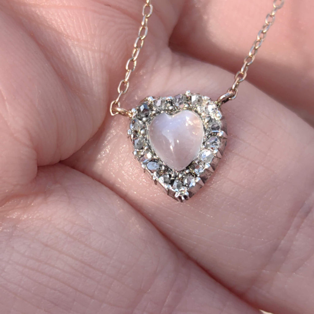 Victorian Diamond Moonstone Heart Pendant 14k Solid Yellow Gold with Chain Vintage Dainty wedding Elegant Love Jewelry Valentines Gift
