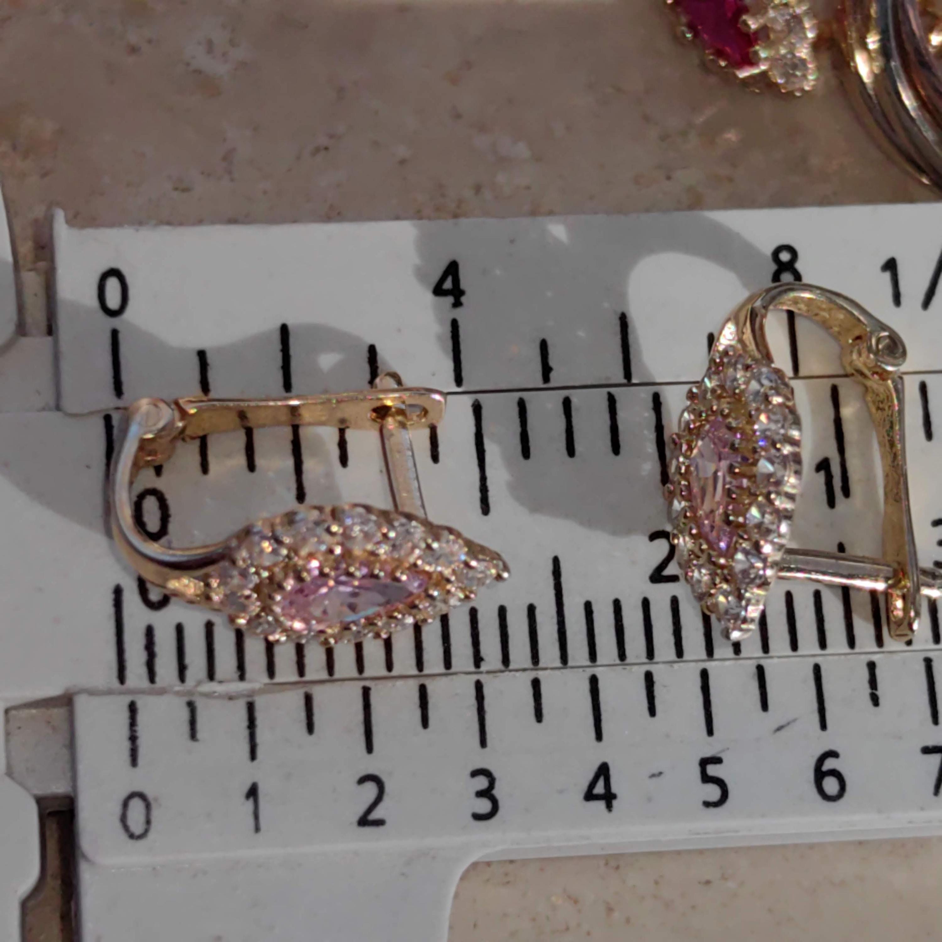 Vintage Solid Yellow Gold cubic zirconia Pink Stone Drop Floral cluster omega closure Earrings Gift for Her