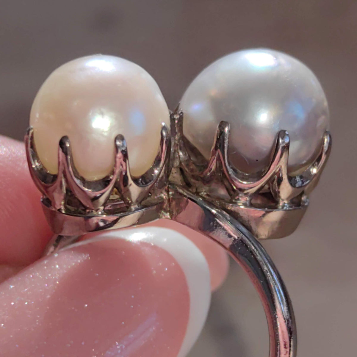 Antique Platinum Two-Tone Pearl Cocktail Ring - Size 5.5