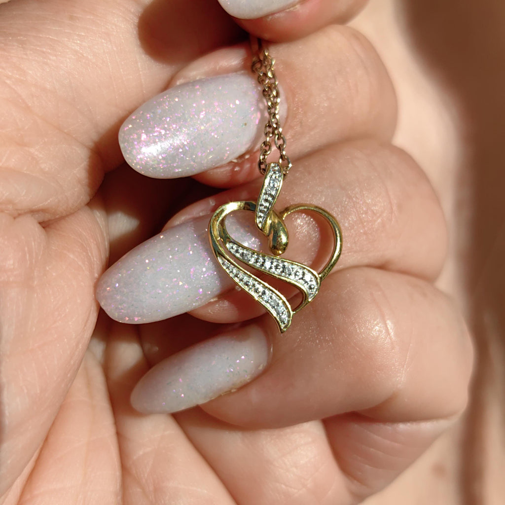 Diamond 18k 750 Solid Yellow Gold Heart shaped Charm Pendant Valentines Day Gift for Her Dainty Elegant Love Vintage Necklace Bracelet Charm