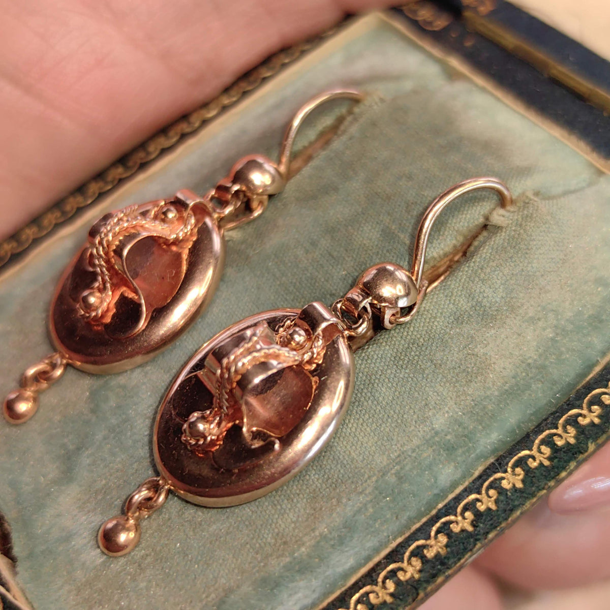 14K Solid Yellow Rose Gold Victorian Style Mid Century Handmade Oval Dangle Statement Elegant  Earrings Gift for Her Present