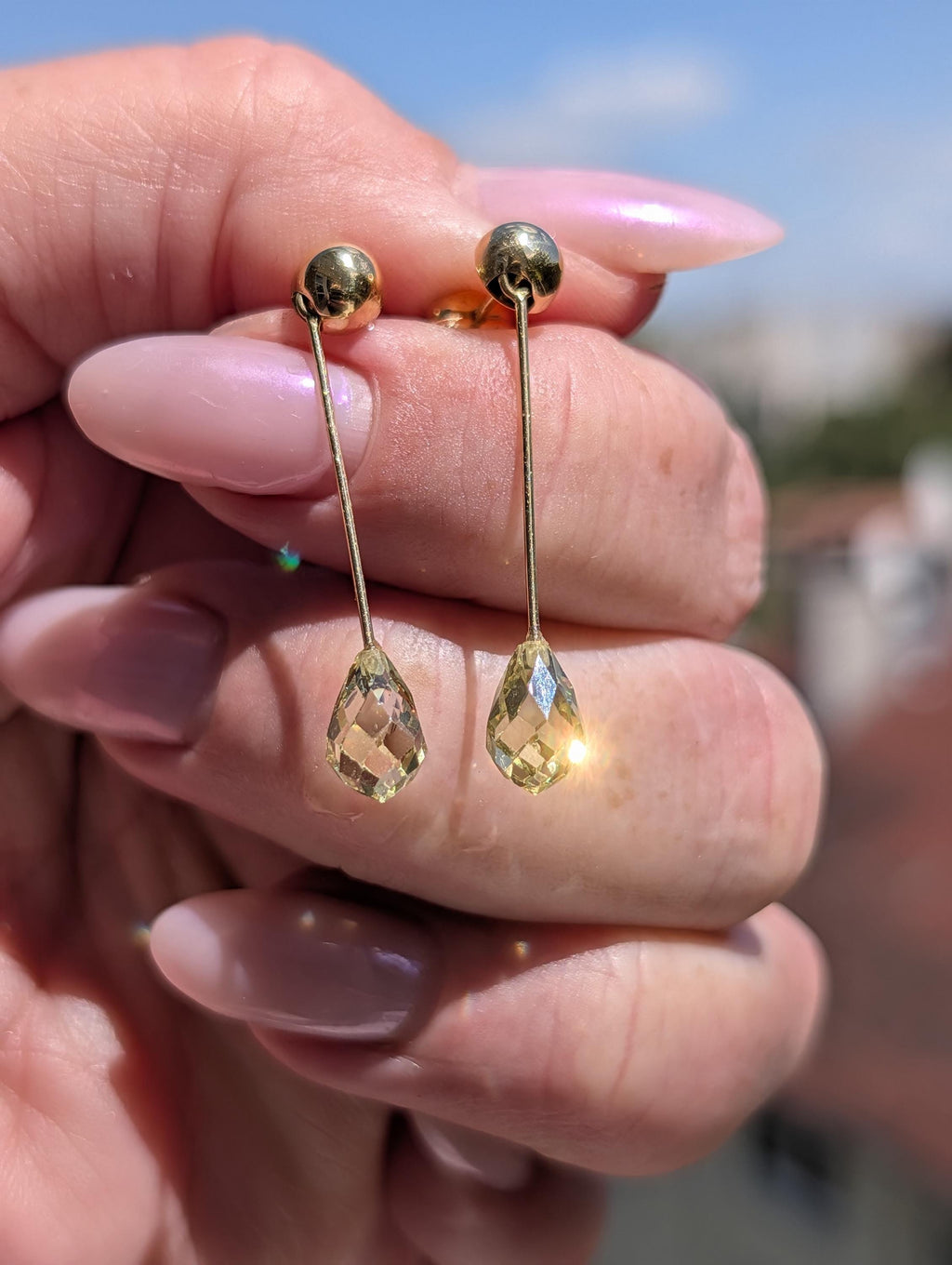 Natural Peridot Dangle Earrings 14k Solid Yellow Gold Hungarian Hallmarked Briolette Cut Green Gemstone Fine Jewelry Gift