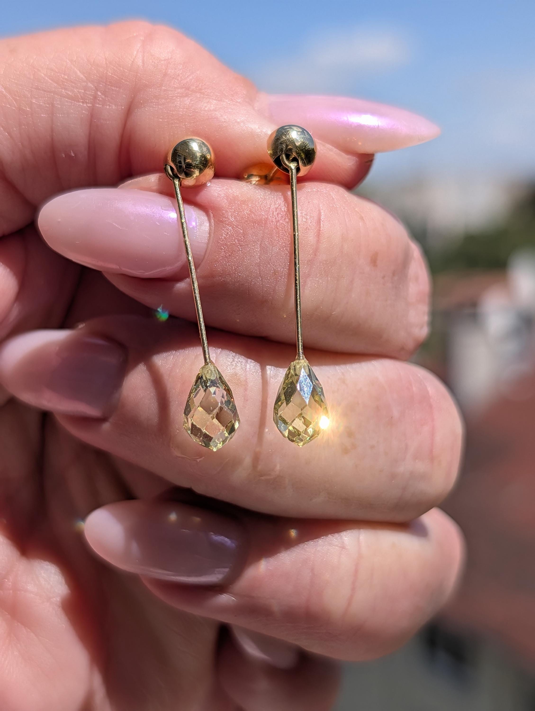 Natural Peridot Dangle Earrings 14k Solid Yellow Gold Hungarian Hallmarked Briolette Cut Green Gemstone Fine Jewelry Gift